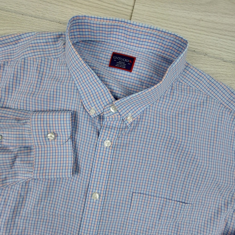 UNTUCKit Button Down Mens XXXLC Blue Orange Check Wrinkle Free Cotton‎ Shirt
